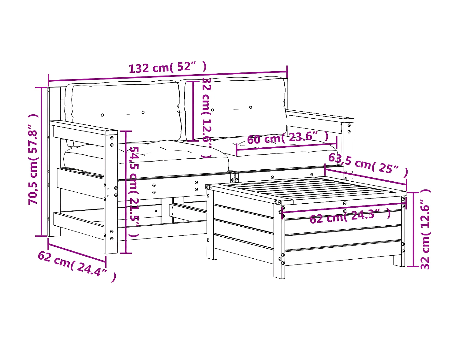 Salon de jardin 3 pcs avec coussins bois massif douglas