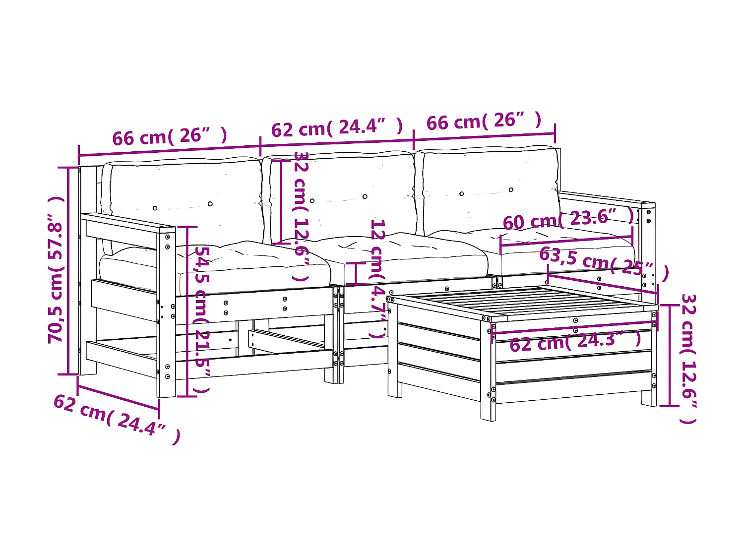 Salon de jardin 4 pcs avec coussins bois massif douglas