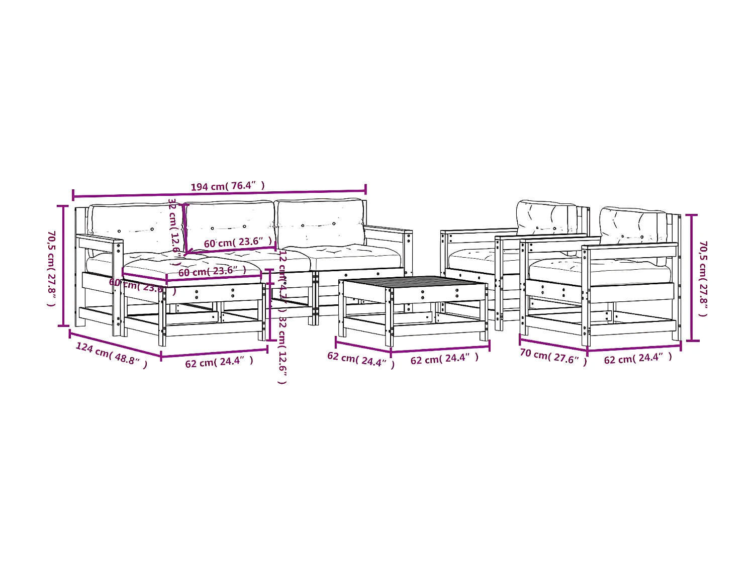 Salon de jardin 7 pcs avec coussins bois massif douglas