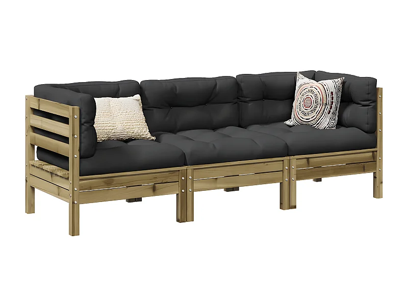 Salon de jardin 3 pcs avec coussins bois de pin imprégné