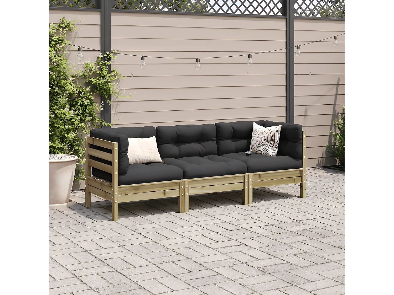 Salon de jardin 3 pcs avec coussins bois de pin imprégné