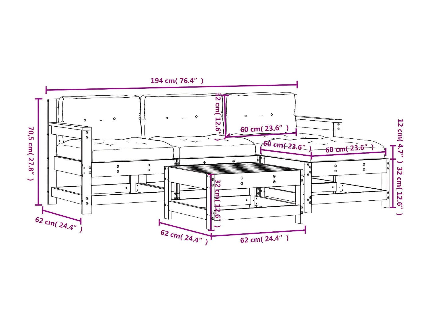 Salon de jardin 5 pcs avec coussins bois massif douglas