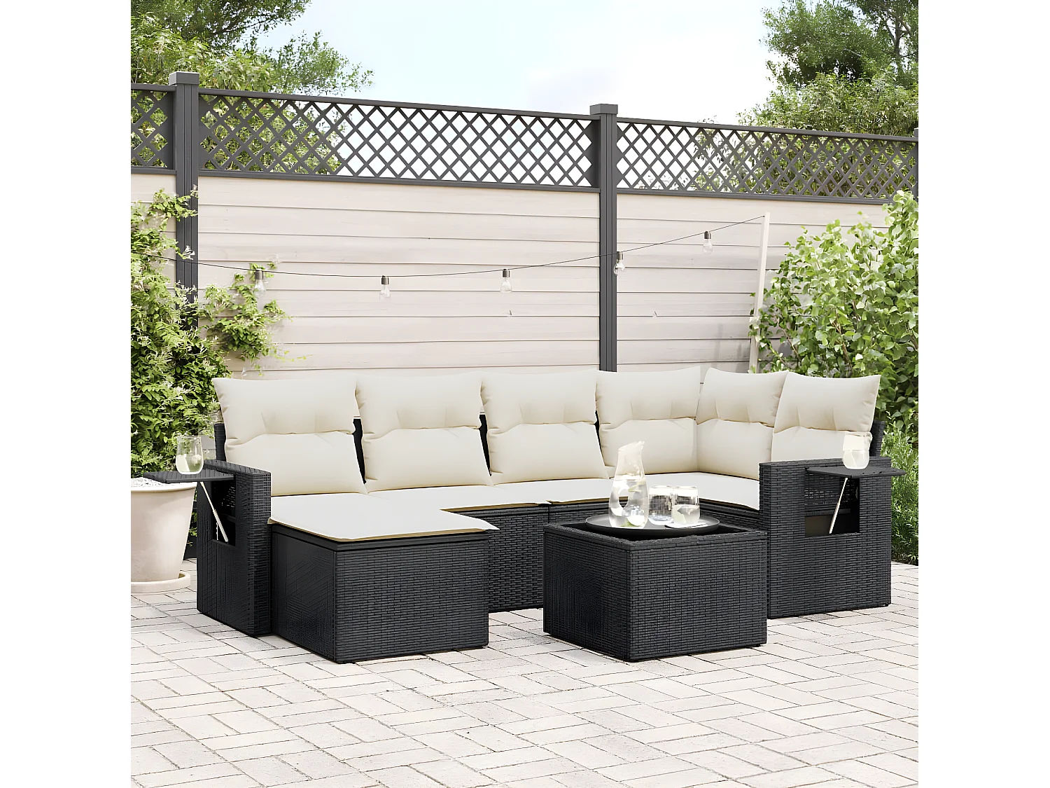 Salon de jardin 7 pcs avec coussins noir résine tressée