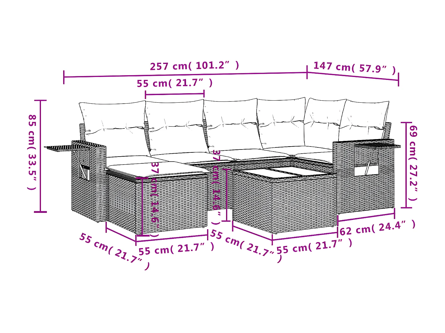 Salon de jardin 7 pcs avec coussins noir résine tressée