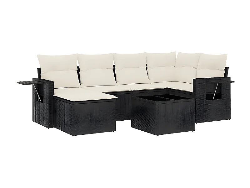 Salon de jardin 7 pcs avec coussins noir résine tressée