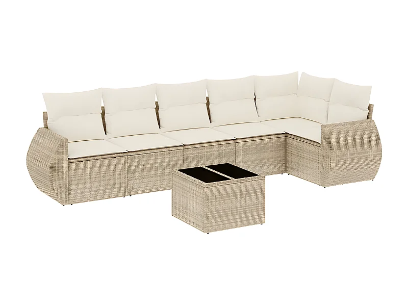 Salon de jardin avec coussins 7 pcs beige résine tressée