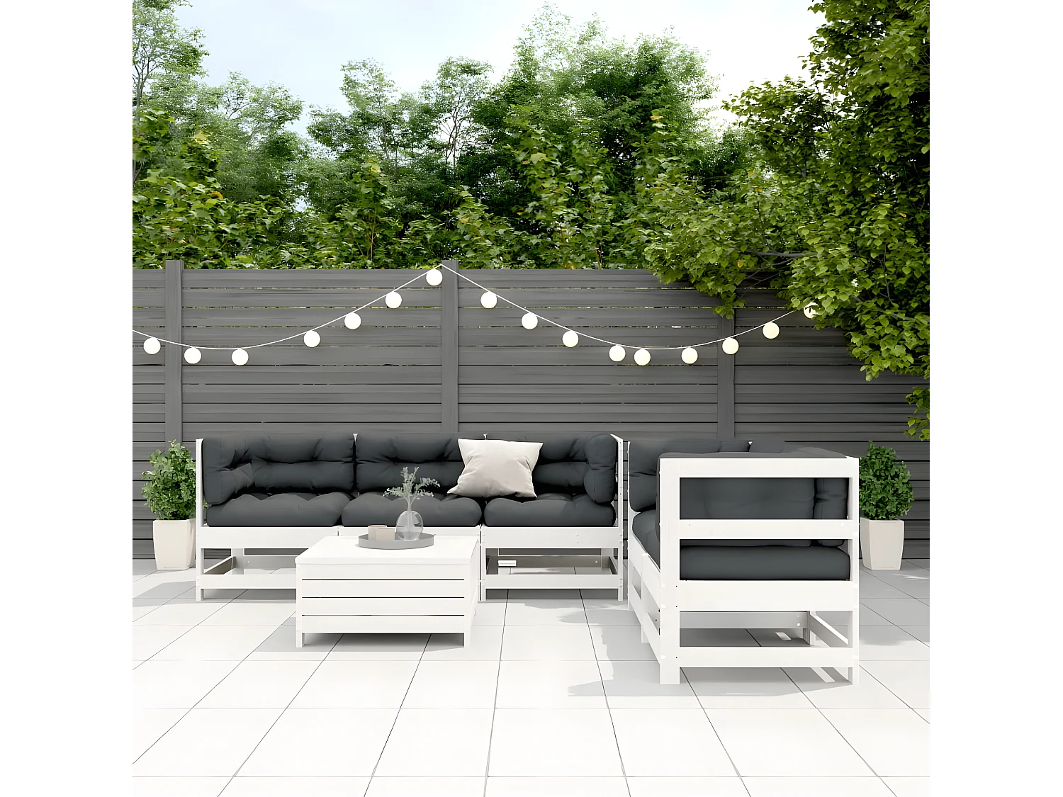 Salon de jardin avec coussins 6 pcs blanc bois de pin massif