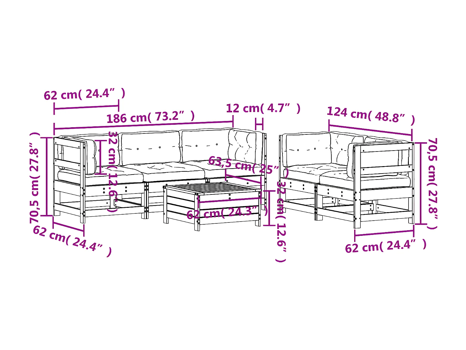 Salon de jardin avec coussins 6 pcs blanc bois de pin massif