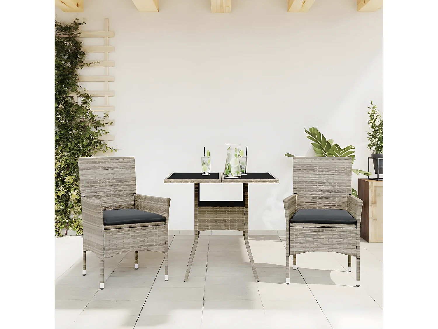 Ensemble à manger de jardin avec coussins 3 pcs rotin et verre