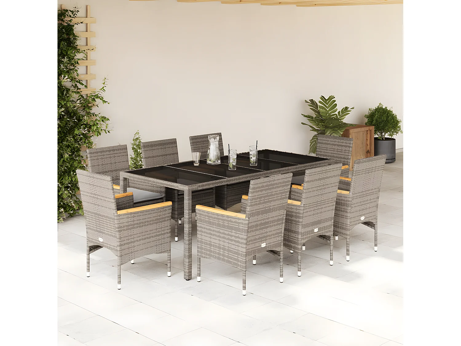 Ensemble à manger de jardin et coussins 9 pcs gris rotin verre