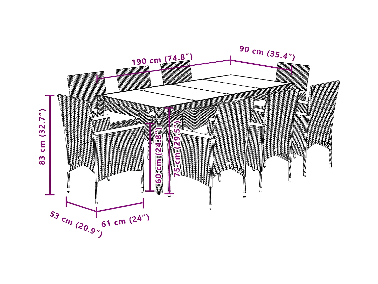 Ensemble à manger de jardin et coussins 9 pcs gris rotin verre