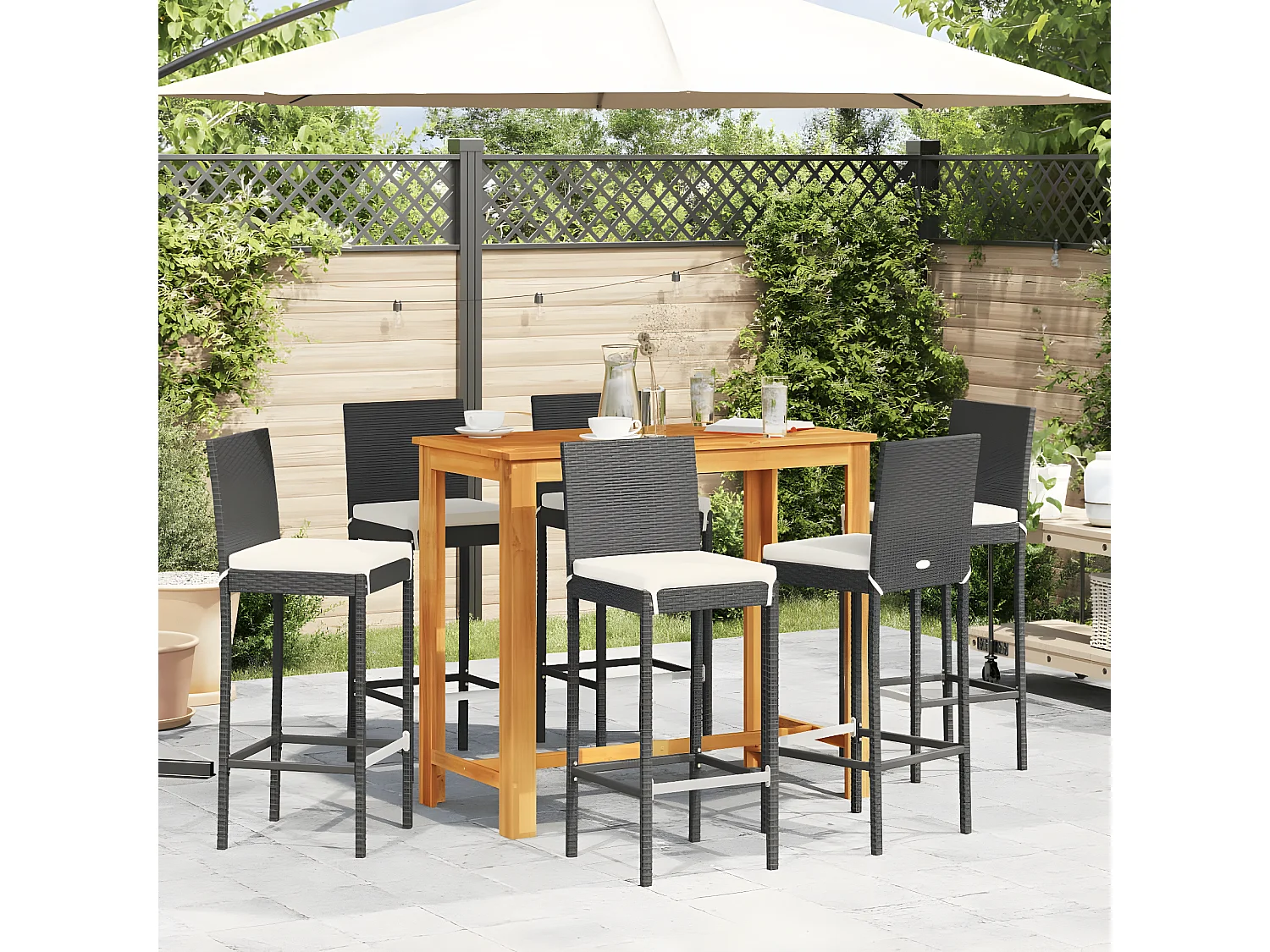 Ensemble de bar de jardin 7 pcs noir bois massif acacia rotin