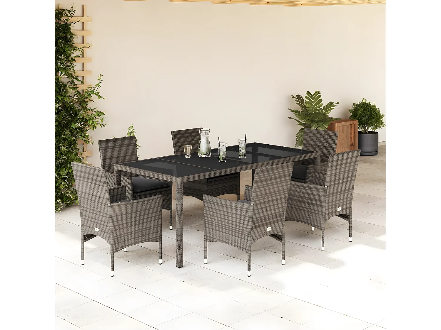 Ensemble à manger de jardin et coussins 7 pcs gris rotin verre