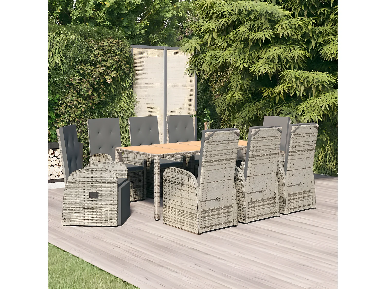 Ensemble à manger de jardin 9 pcs coussins gris résine tressée