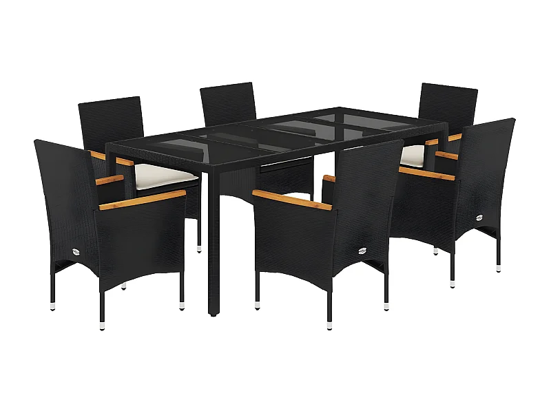 Ensemble à manger de jardin et coussins 7 pcs noir rotin acacia