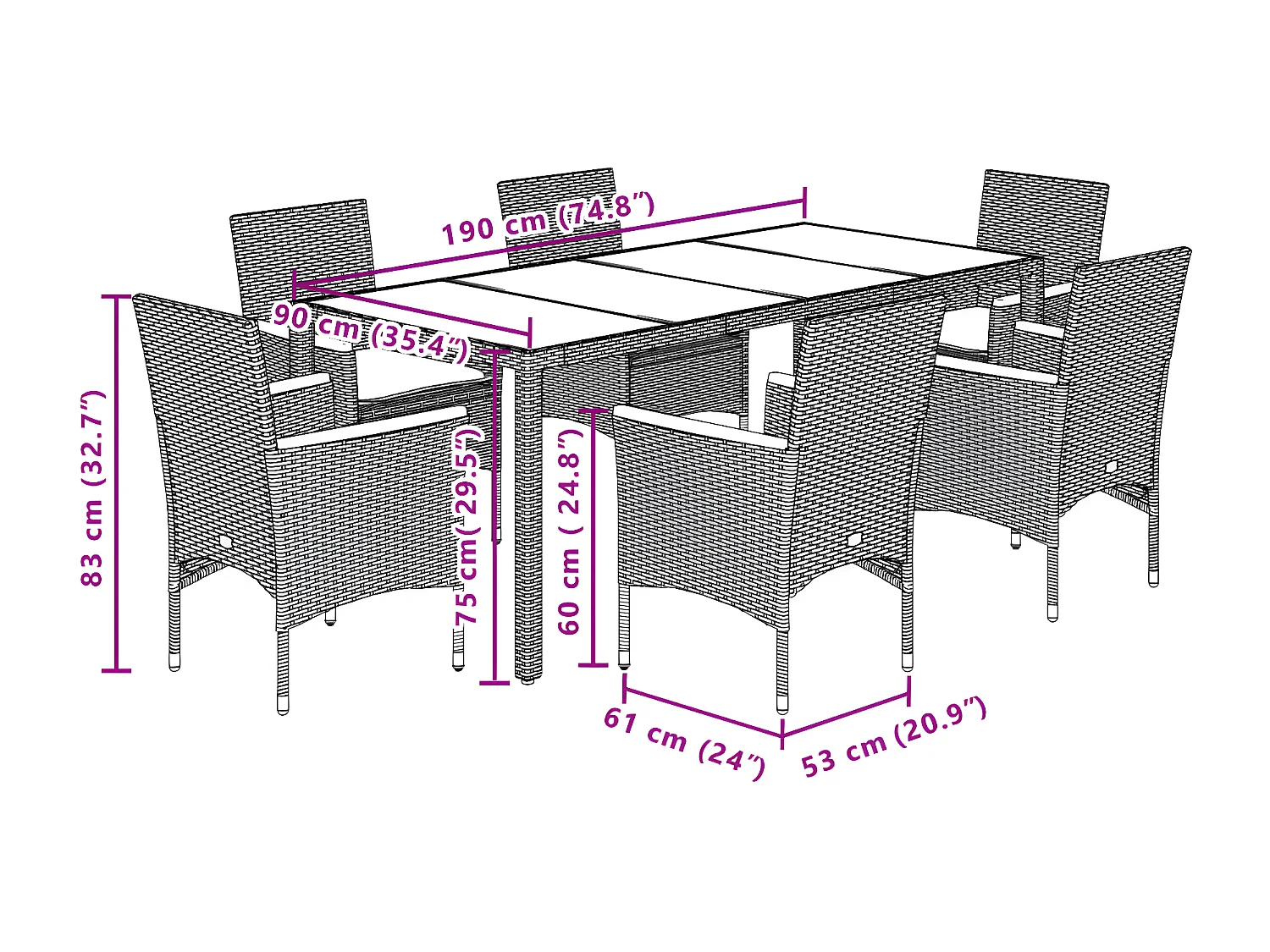 Ensemble à manger de jardin et coussins 7 pcs noir rotin acacia