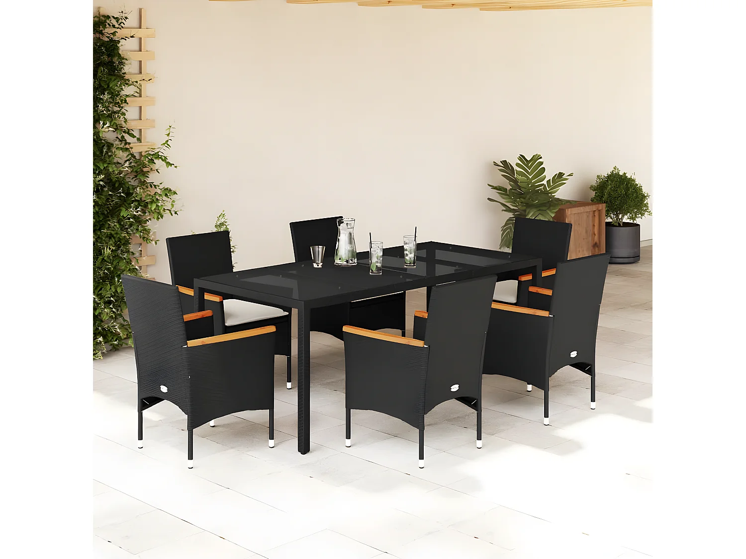 Ensemble à manger de jardin et coussins 7 pcs noir rotin acacia