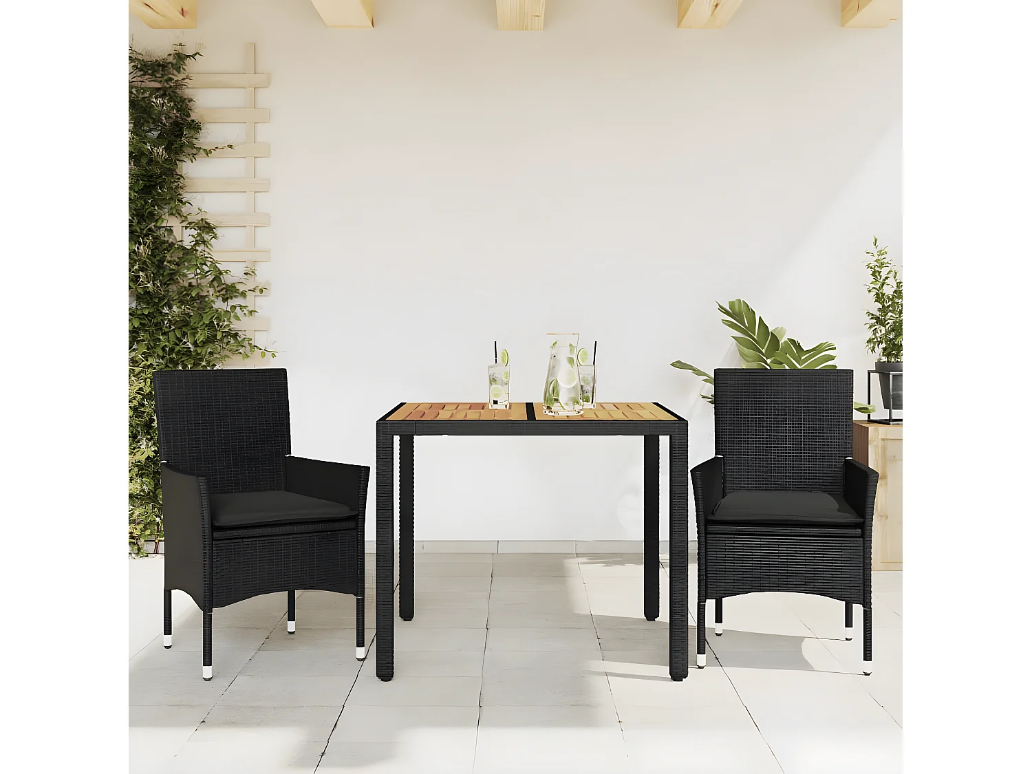 Ensemble à manger de jardin et coussins 3 pcs noir rotin acacia