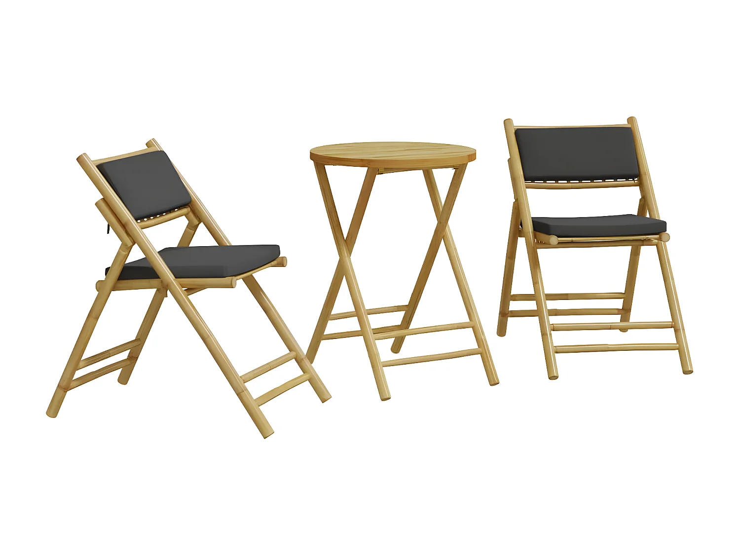Ensemble de bistro pliante 3 pcs et coussins gris foncé bambou