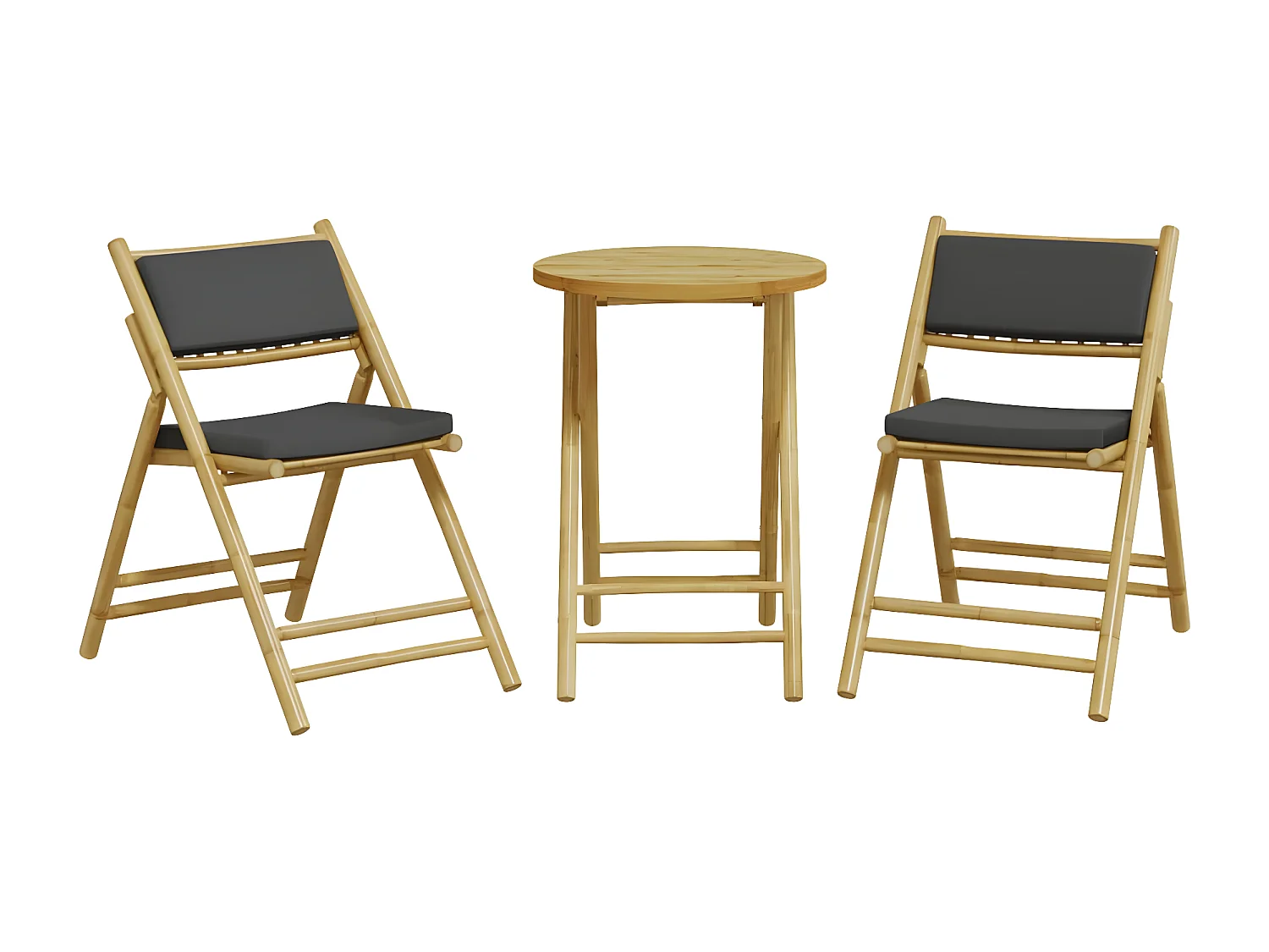 Ensemble de bistro pliante 3 pcs et coussins gris foncé bambou