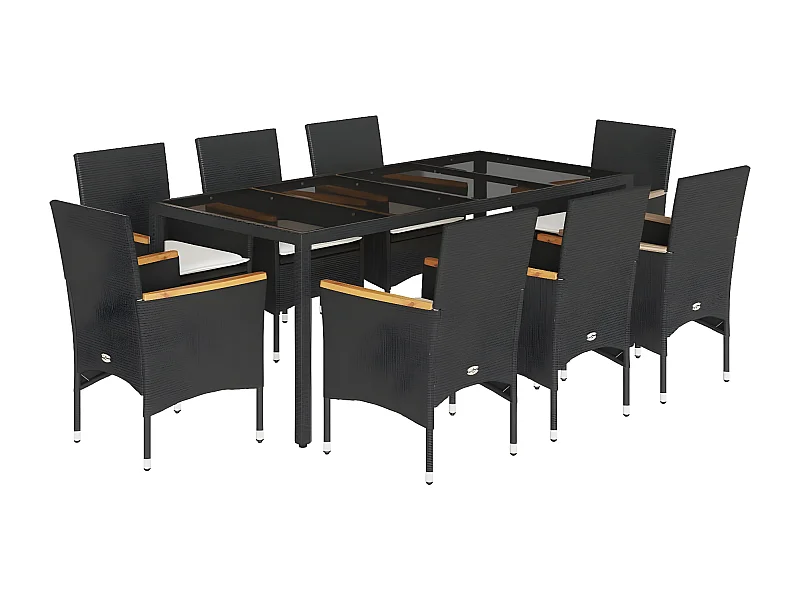 Ensemble à manger de jardin et coussins 9 pcs noir rotin verre