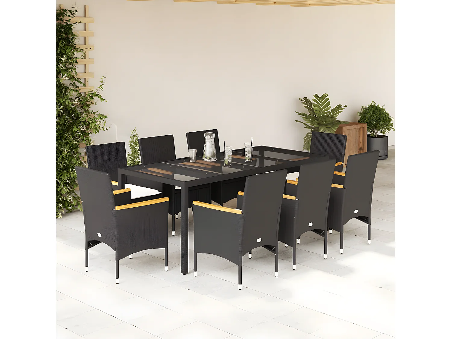 Ensemble à manger de jardin et coussins 9 pcs noir rotin verre