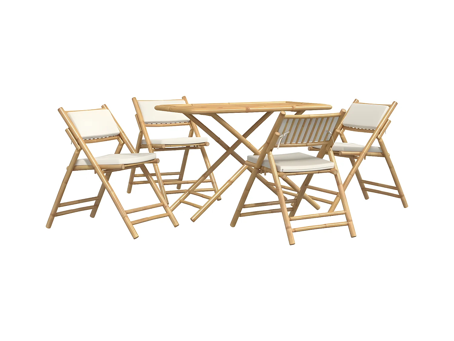 Ensemble de bistro pliante 5 pcs et coussins blanc crème bambou