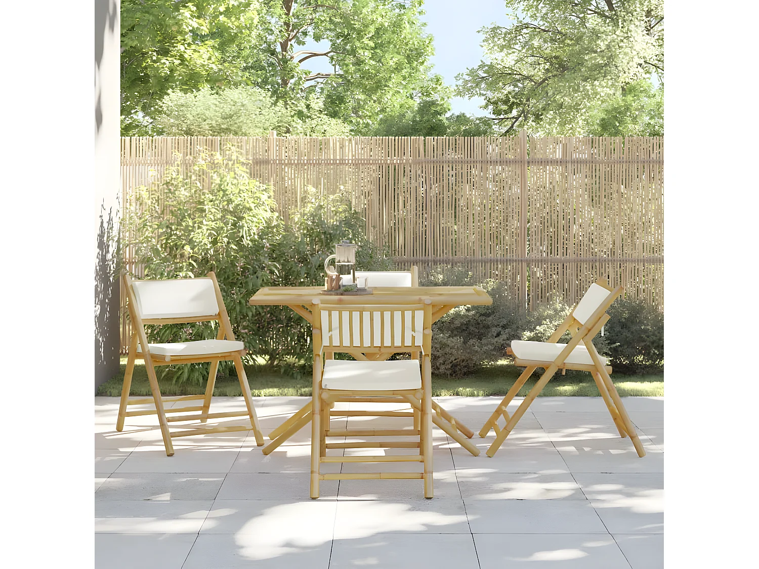 Ensemble de bistro pliante 5 pcs et coussins blanc crème bambou