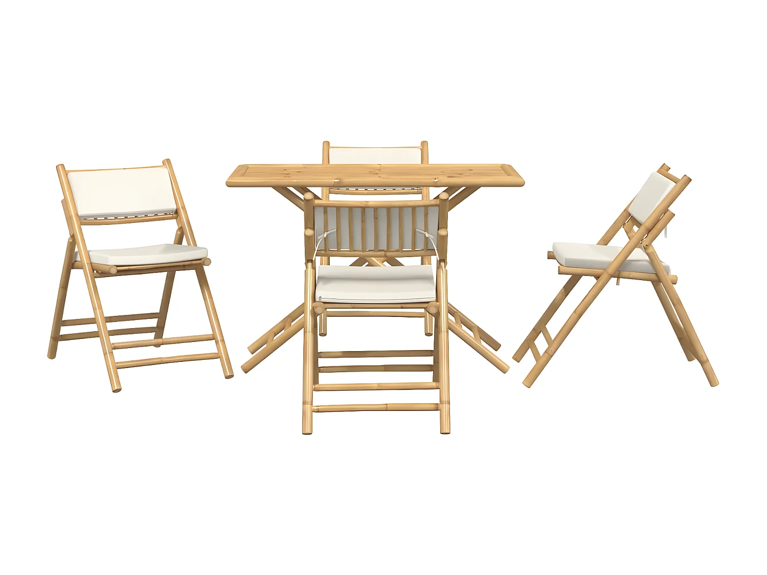 Ensemble de bistro pliante 5 pcs et coussins blanc crème bambou