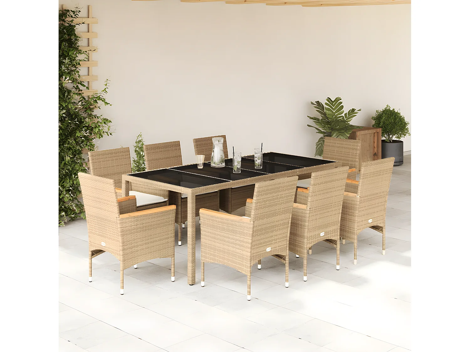 Ensemble à manger de jardin et coussins 9 pcs beige rotin verre