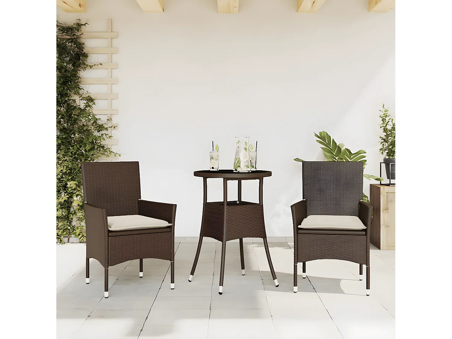 Ensemble à manger de jardin et coussins 3pcs marron rotin verre