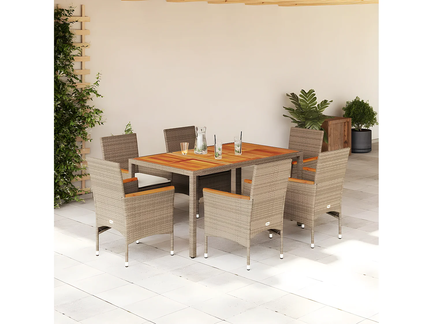 Ensemble à manger de jardin et coussins 7pcs beige rotin acacia