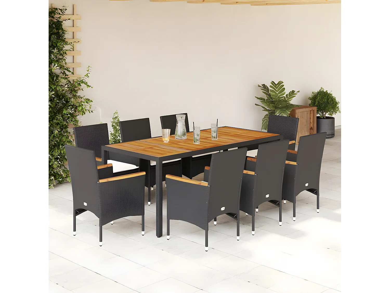 Ensemble à manger de jardin et coussins 9 pcs noir rotin acacia