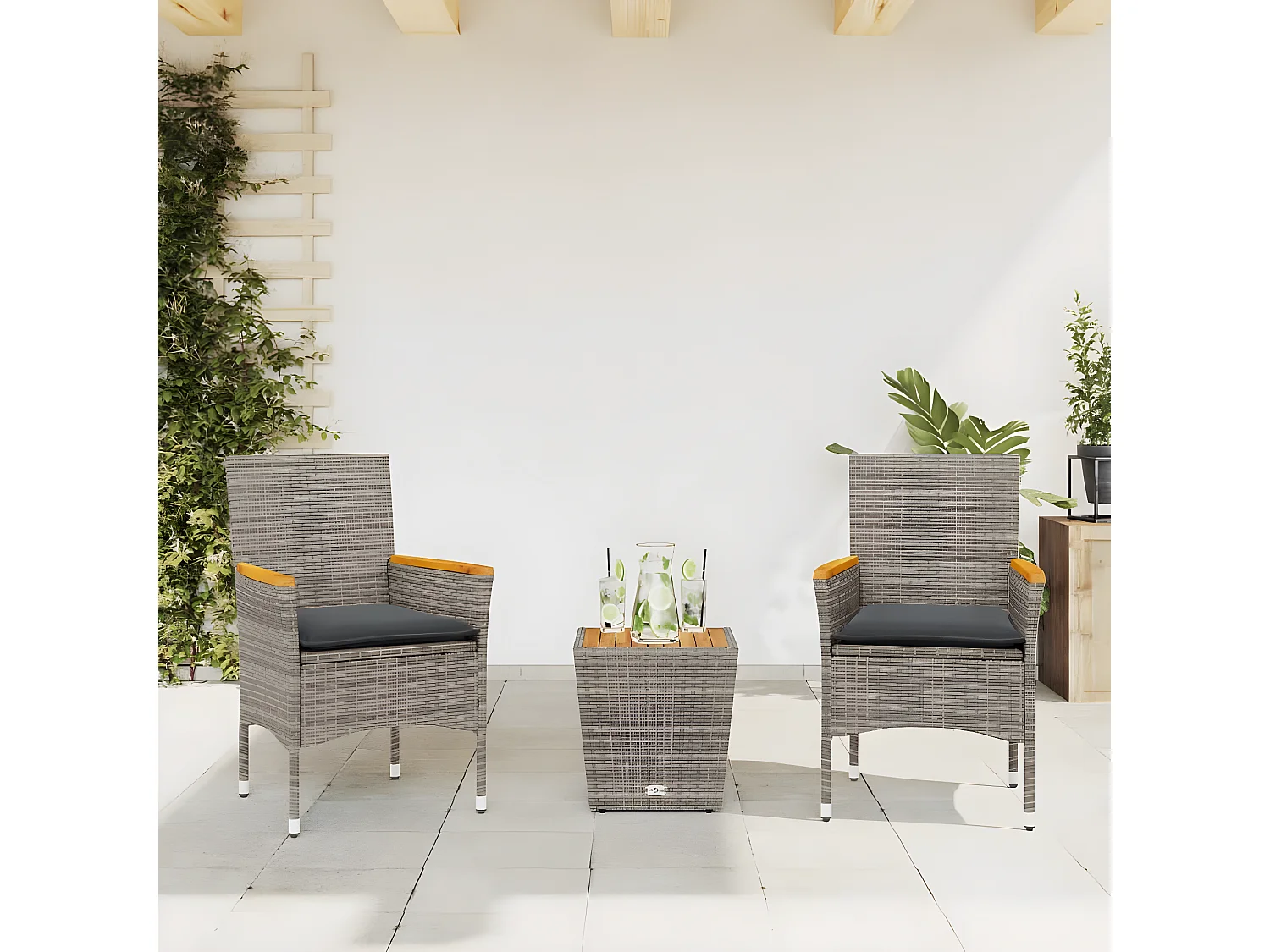 Ensemble de bistro avec coussins 3 pcs gris rotin et verre