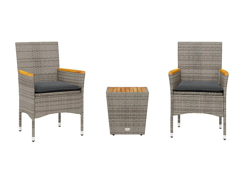 Ensemble de bistro avec coussins 3 pcs gris rotin et verre