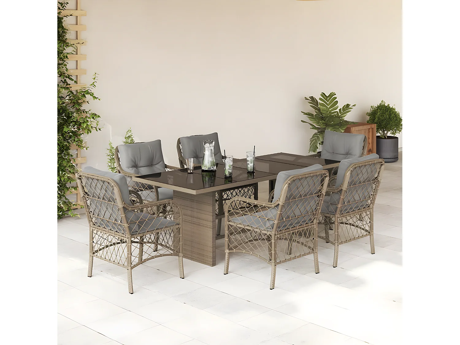 Ensemble à manger de jardin coussins 7 pcs mélange beige rotin