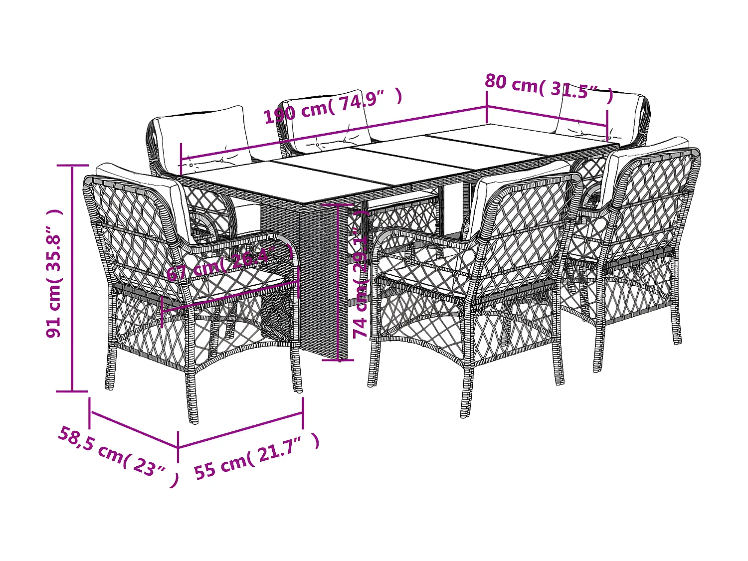 Ensemble à manger de jardin coussins 7 pcs mélange beige rotin