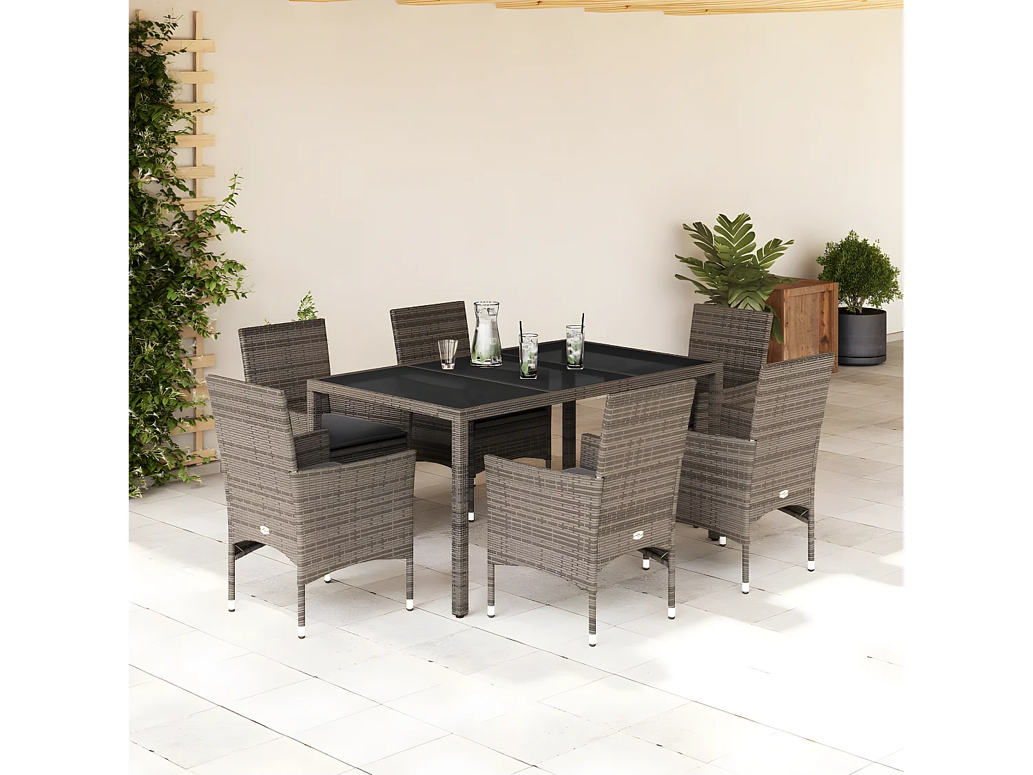 Ensemble à manger de jardin et coussins 7 pcs gris rotin verre
