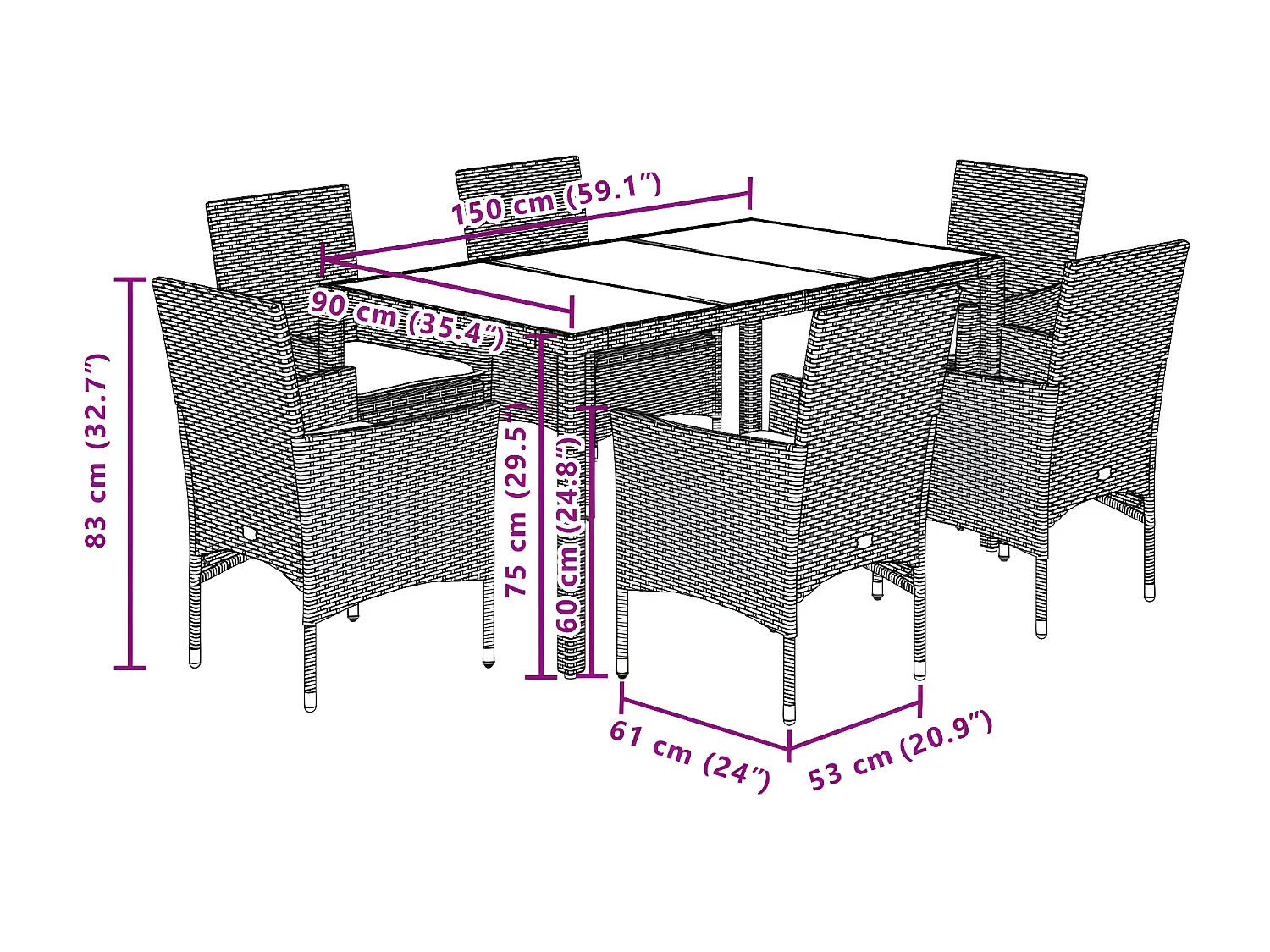 Ensemble à manger de jardin et coussins 7 pcs gris rotin verre