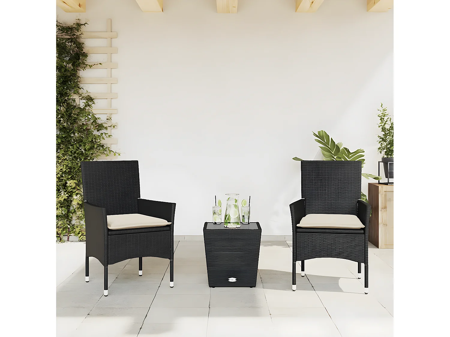 Ensemble de bistro avec coussins 3pcs noir résine tressée verre