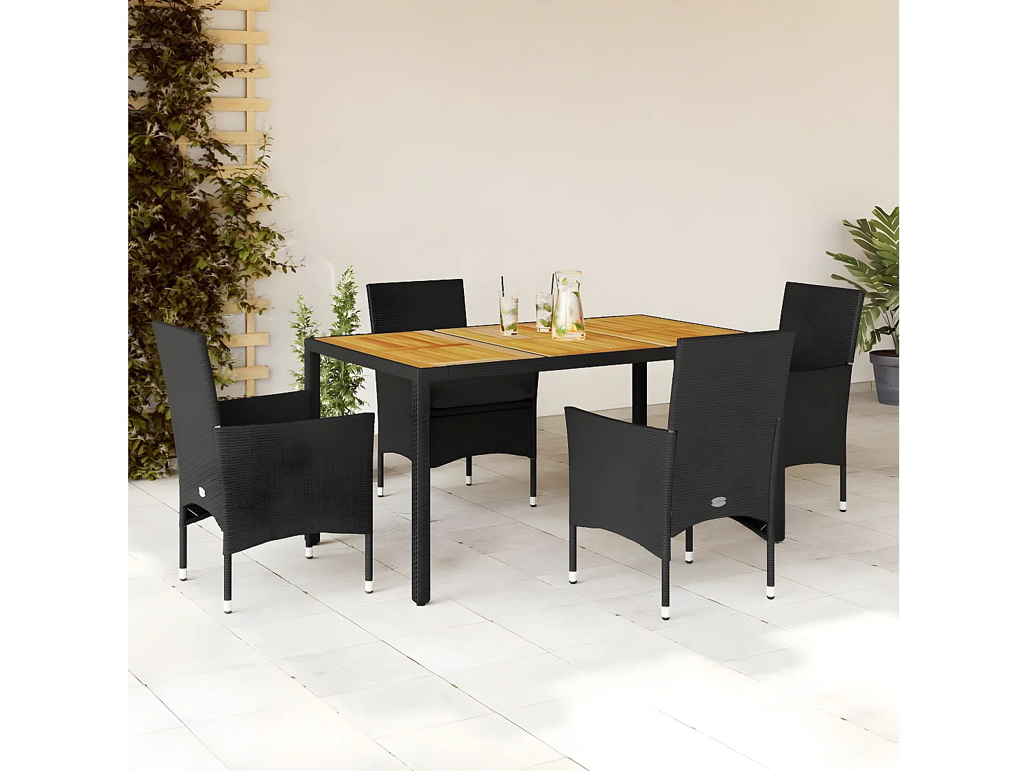 Ensemble à manger de jardin et coussins 5 pcs noir rotin acacia