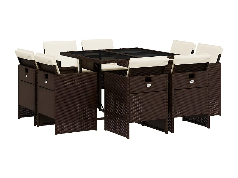 Ensemble à manger de jardin et coussins 9 pcs marron poly rotin