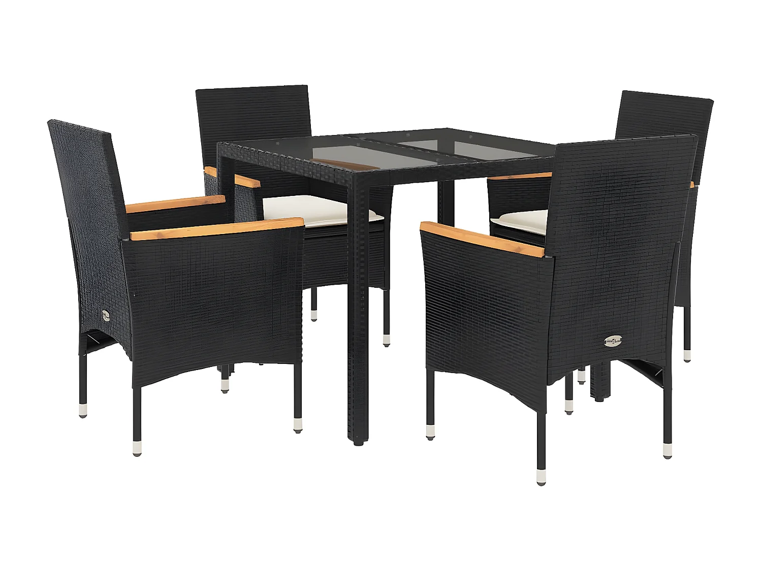 Ensemble à manger de jardin et coussins 5 pcs noir rotin verre