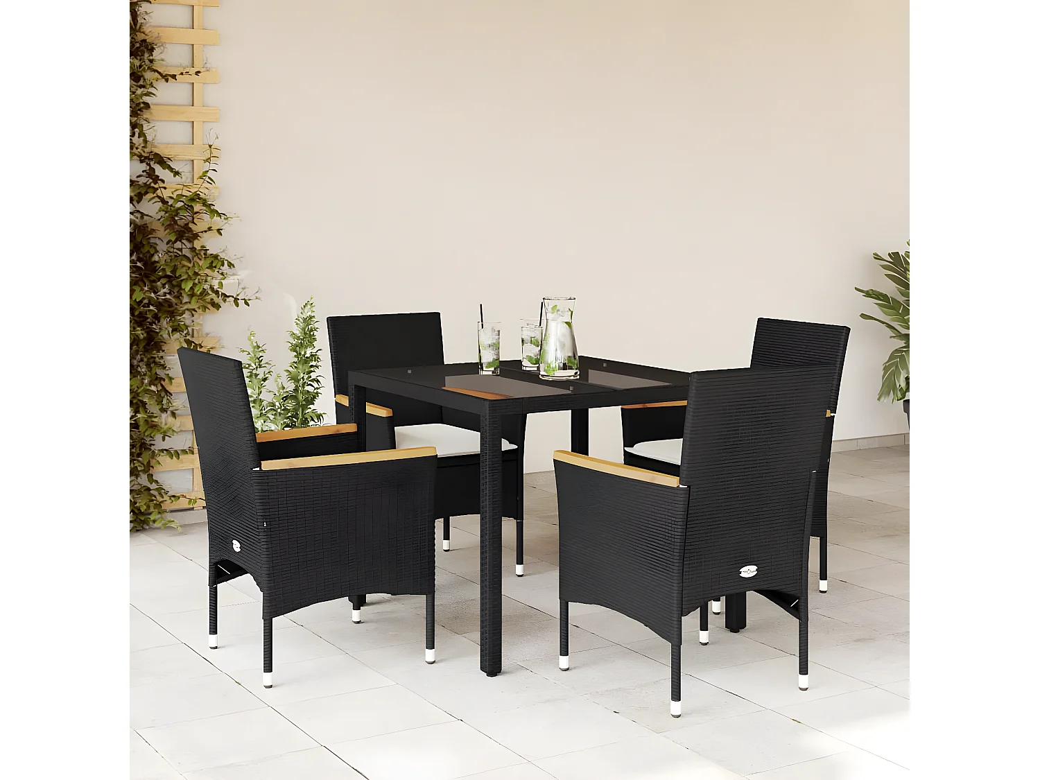 Ensemble à manger de jardin et coussins 5 pcs noir rotin verre