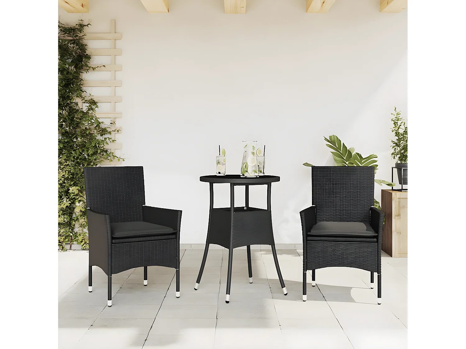 Ensemble à manger de jardin et coussins 3 pcs noir rotin verre