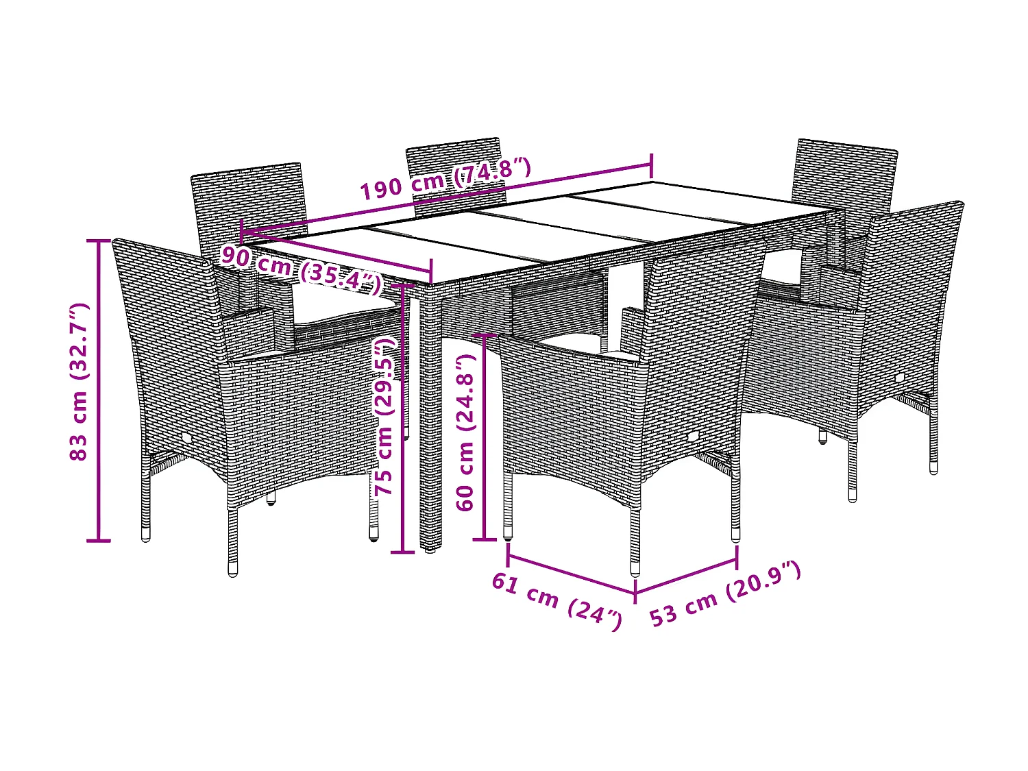 Ensemble à manger de jardin et coussins 7pcs noir rotin acacia