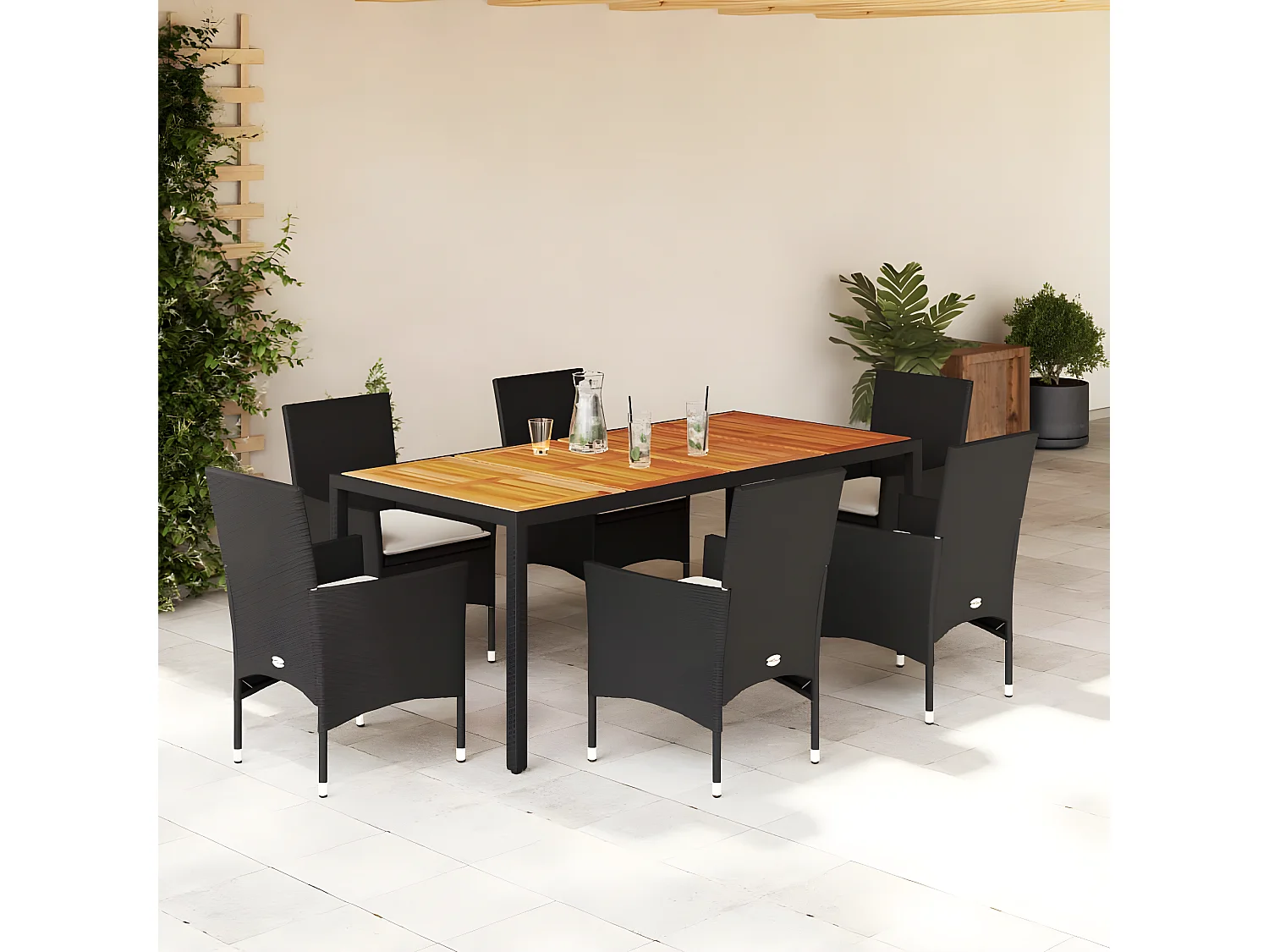 Ensemble à manger de jardin et coussins 7pcs noir rotin acacia