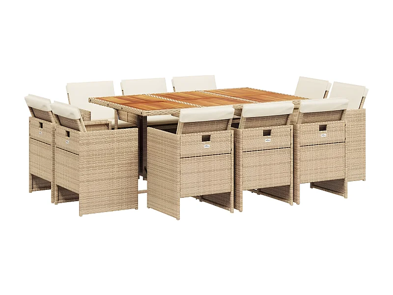 Ensemble à manger de jardin et coussins 11 pcs beige poly rotin