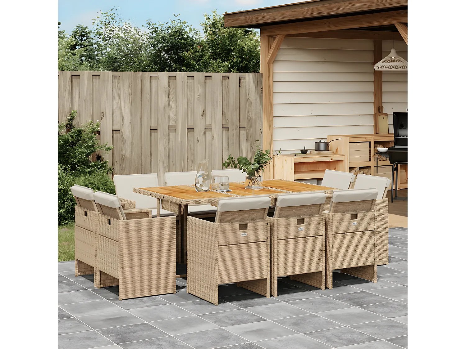 Ensemble à manger de jardin et coussins 11 pcs beige poly rotin