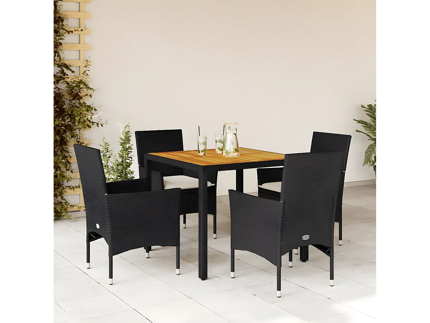 Ensemble à manger de jardin et coussins 5 pcs noir rotin acacia